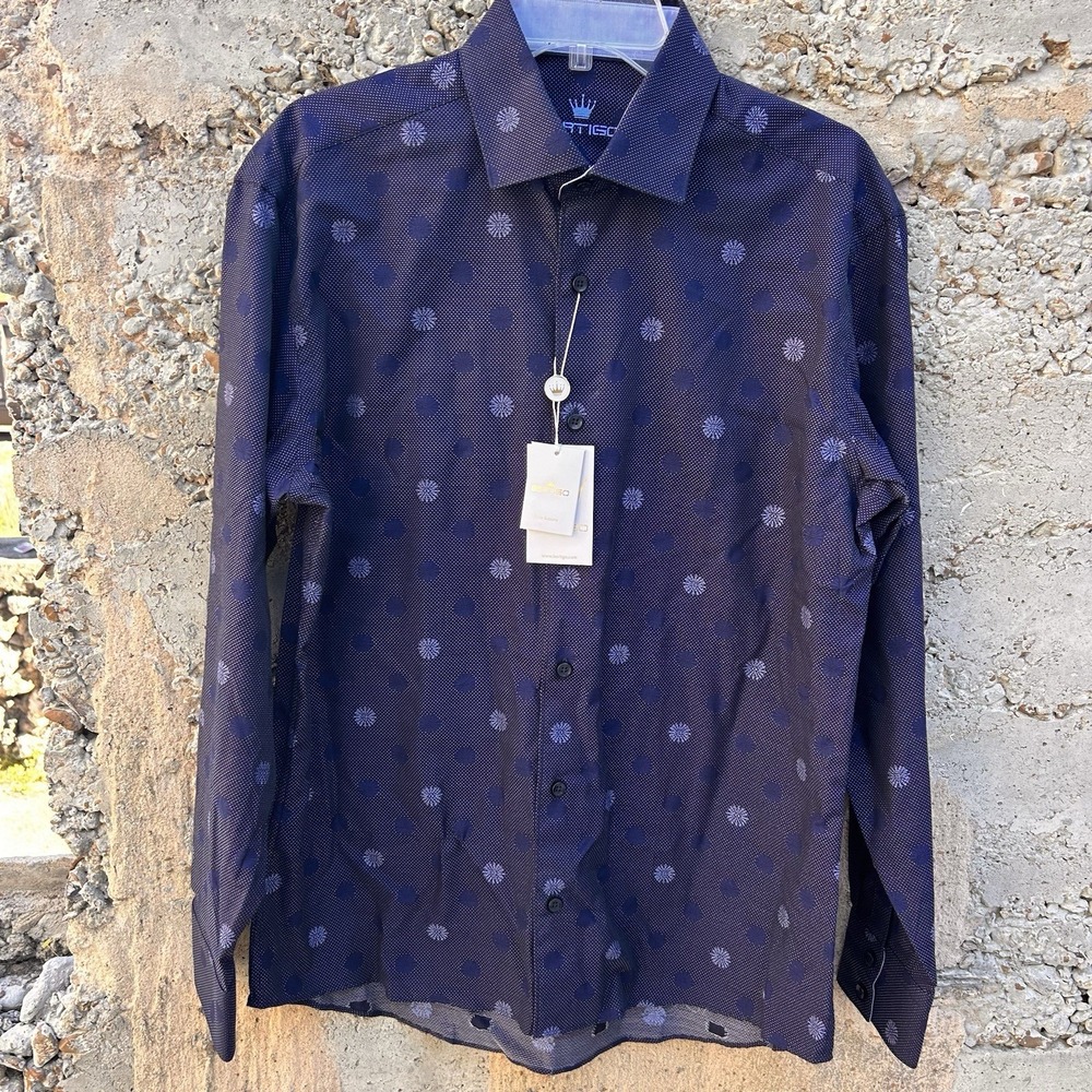NEW Mens Bertigo Shirt Sz L EU 4) Button Down Navy Polka Dots NWT